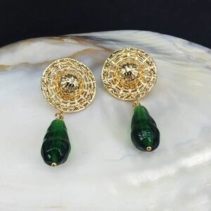 Gold-Tone Woven Disc Earrings with Emerald Green Glass Drops